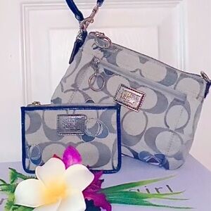 #82 COACH ~ Gray Storybook and Navy Blue Wristlet and Coin/Card Holder Set